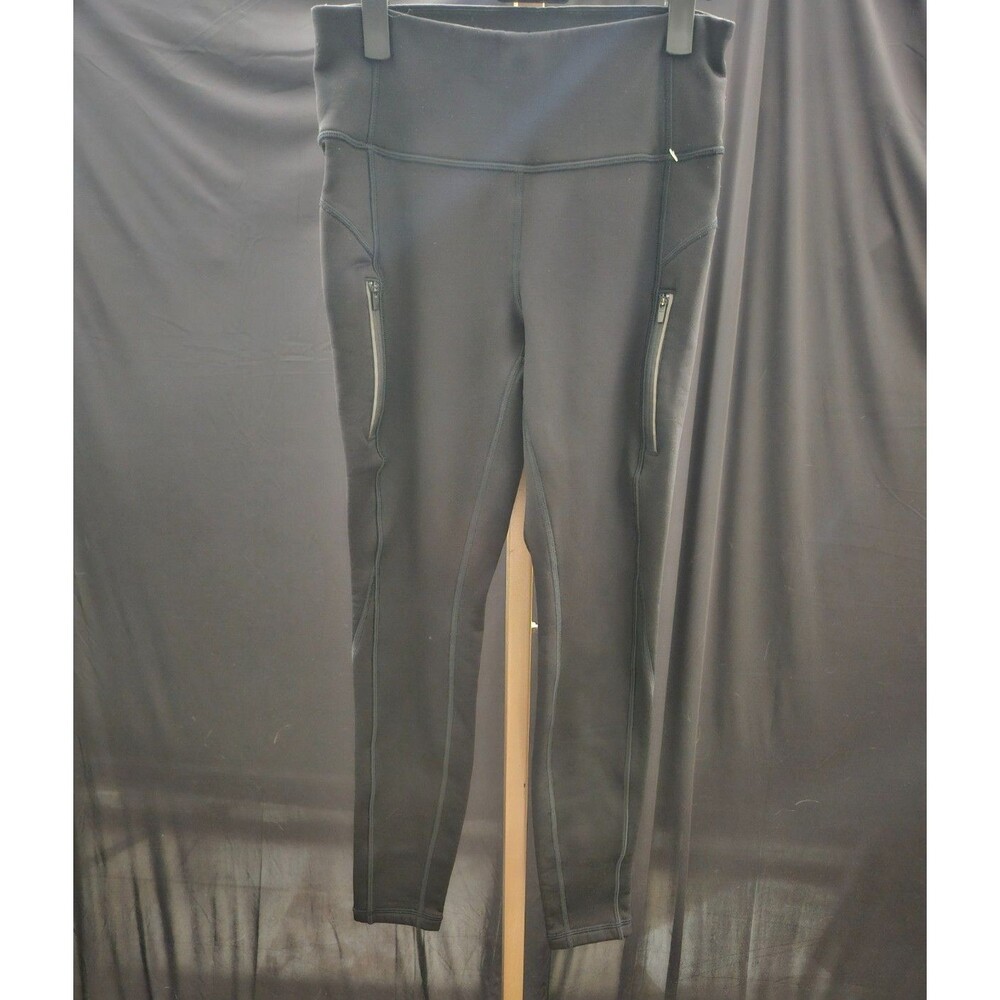 ATHLETA WOMEN'S BLACK TWO POCKET ZIP, FLEECE INSULATED COMPRESSION LEGGING SZ S
